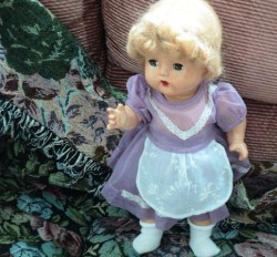 13'' COMPO BLONDE MOHAIR WIG CUTE CHUBBY 40S DOLL,PURPLE DRESS